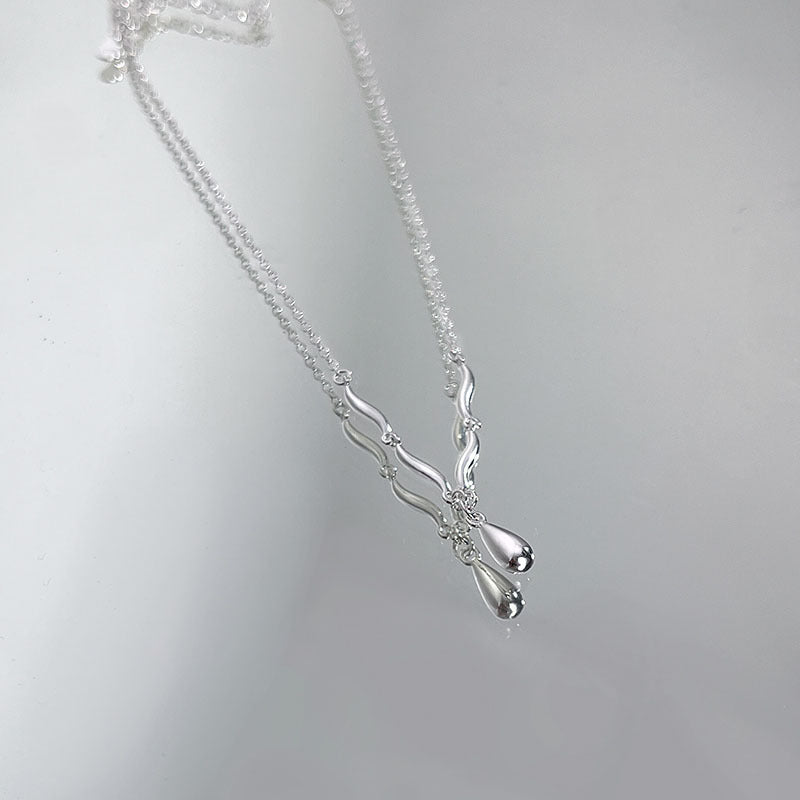 S925 sterling silver water droplet pendant necklace - silvery