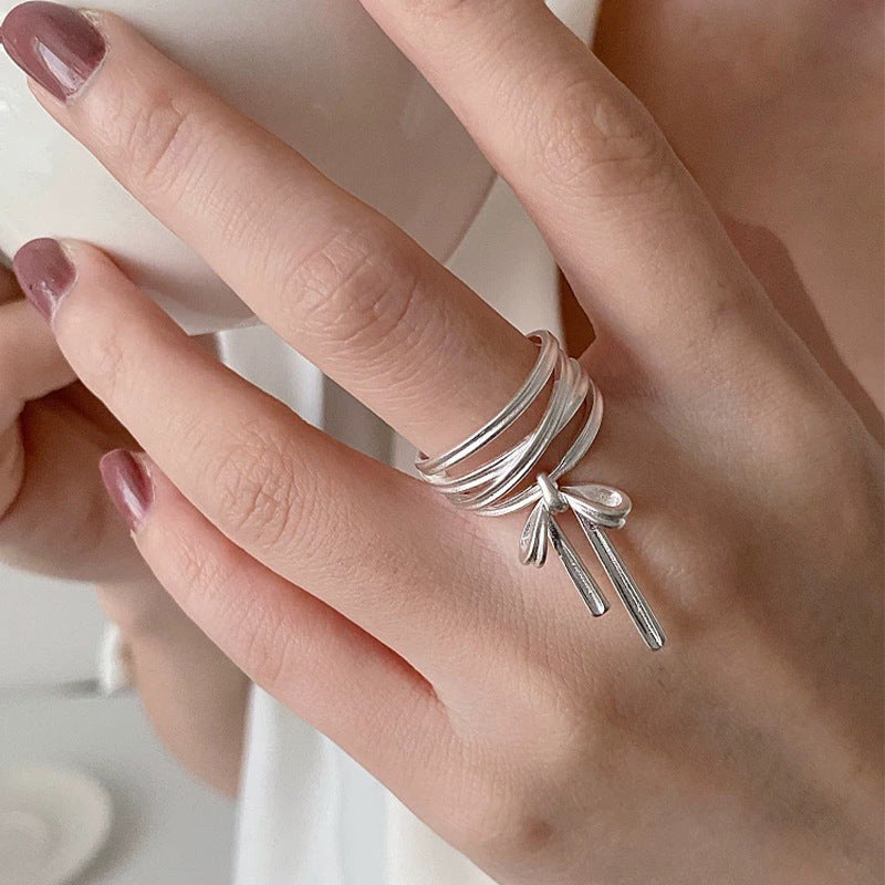 925 sterling silver ribbon bow ring - silvery