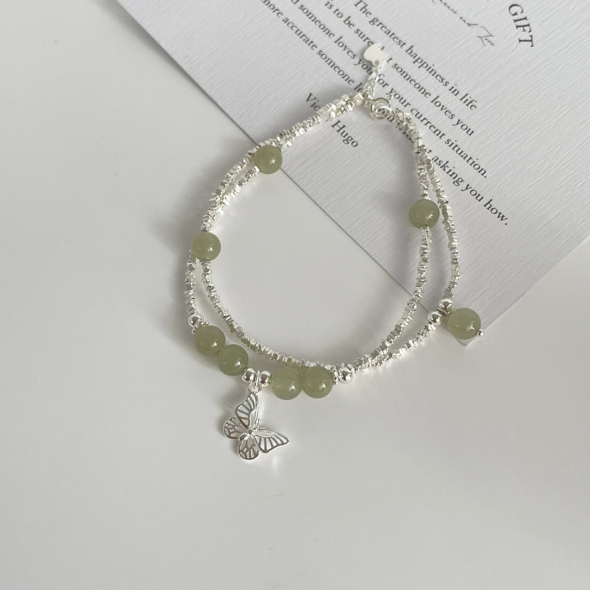 S925 sterling silver double-layer butterfly pendant bracelet - silvery