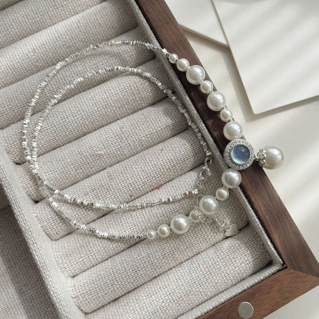 925 sterling silver pearl aquamarine pendant necklace - silver
