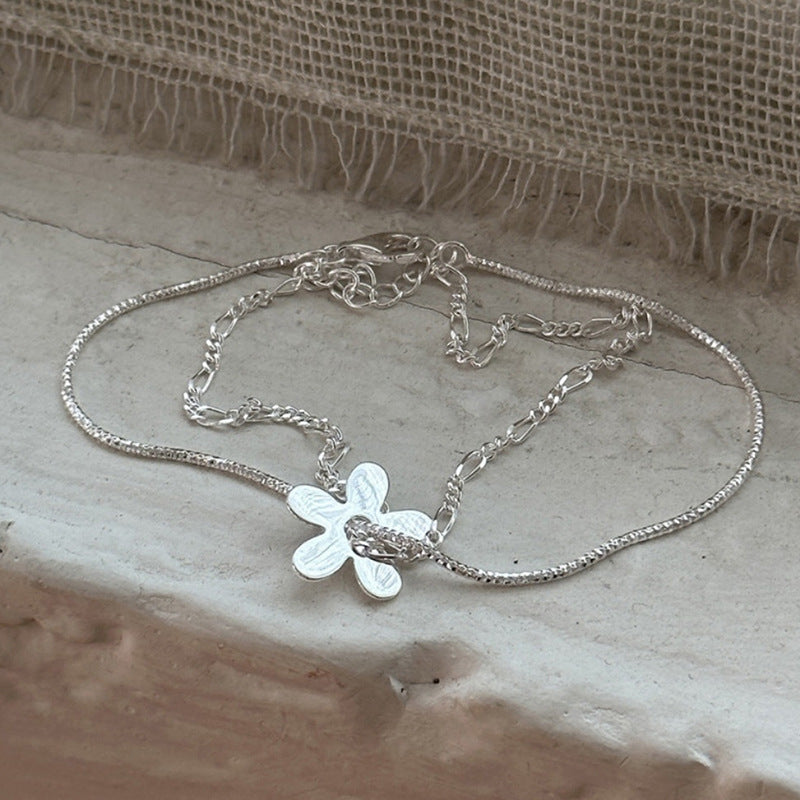 925 sterling silver flower shaped pendant double-layer bracelet - silvery