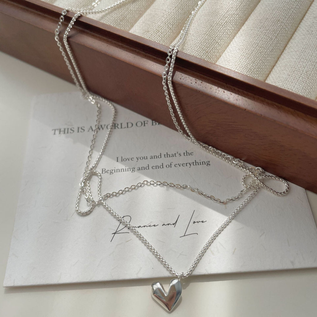 925 sterling silver heart pendant double layered necklace - silvery
