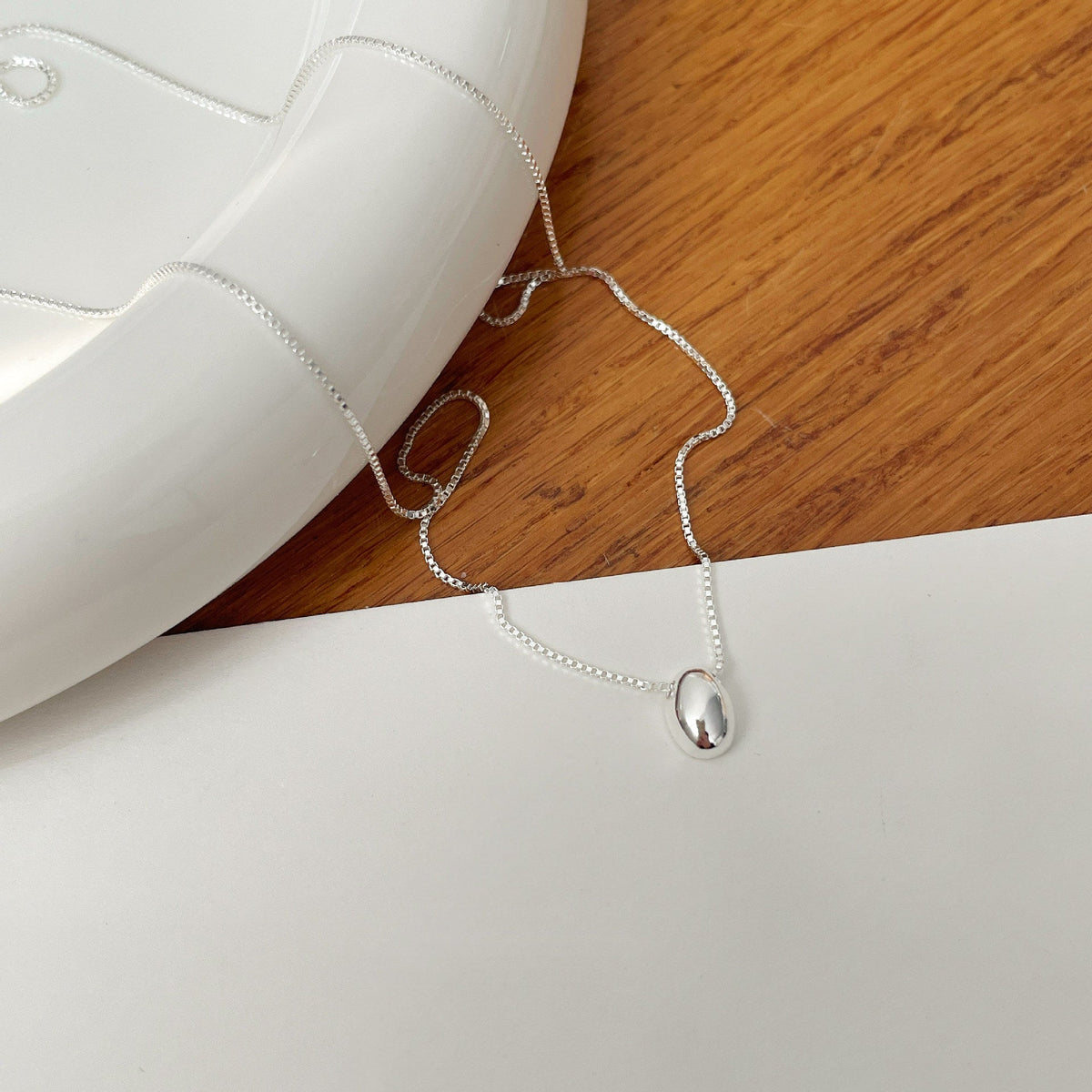 S925 silver oval silver bean pendant necklace