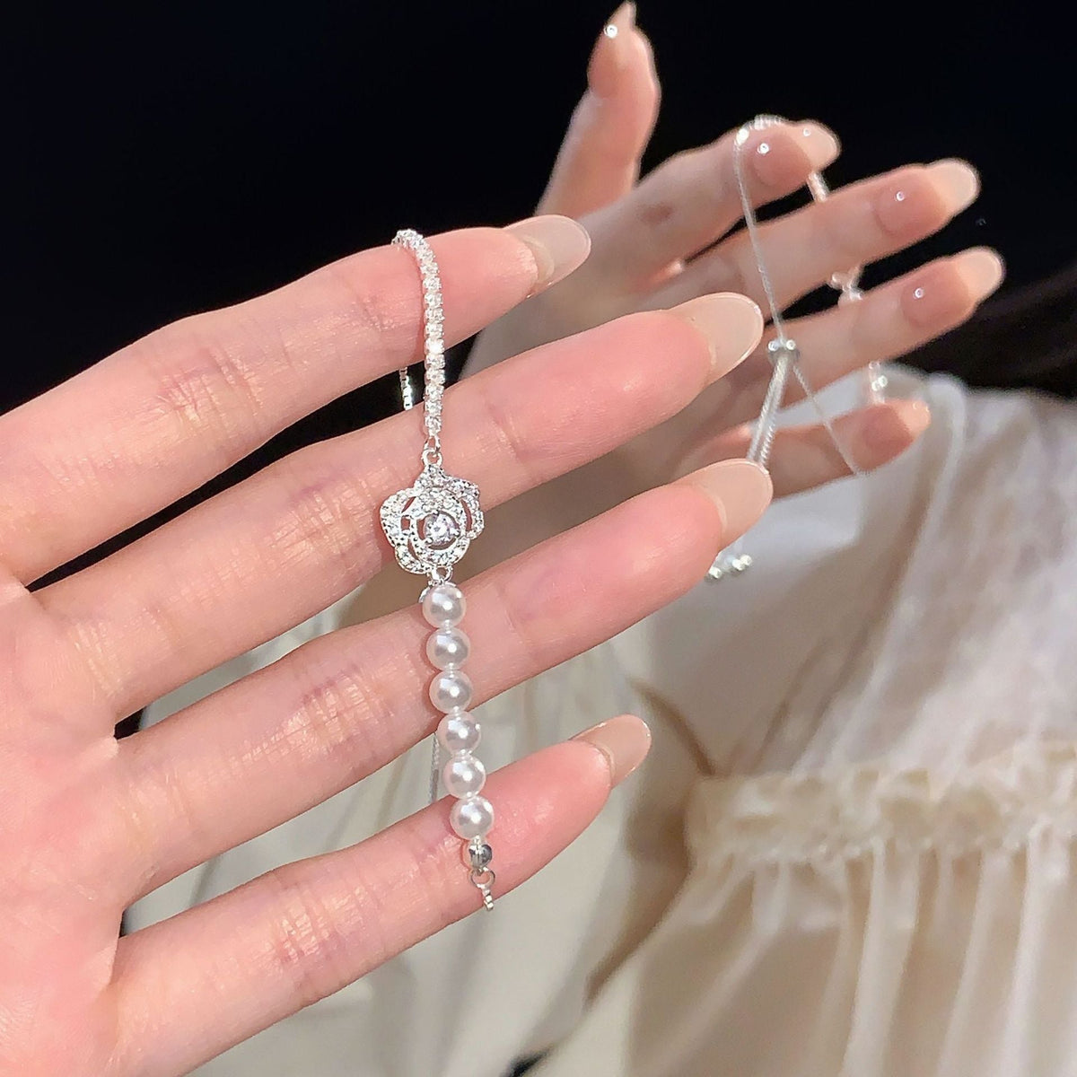 S925 sterling silver set zircon pearl asymmetrical bracelet - silver