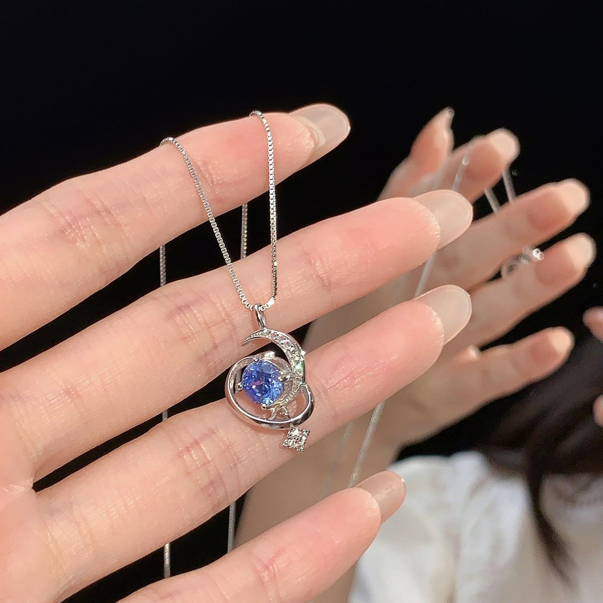 925 sterling silver star and moon pendant necklace - silvery