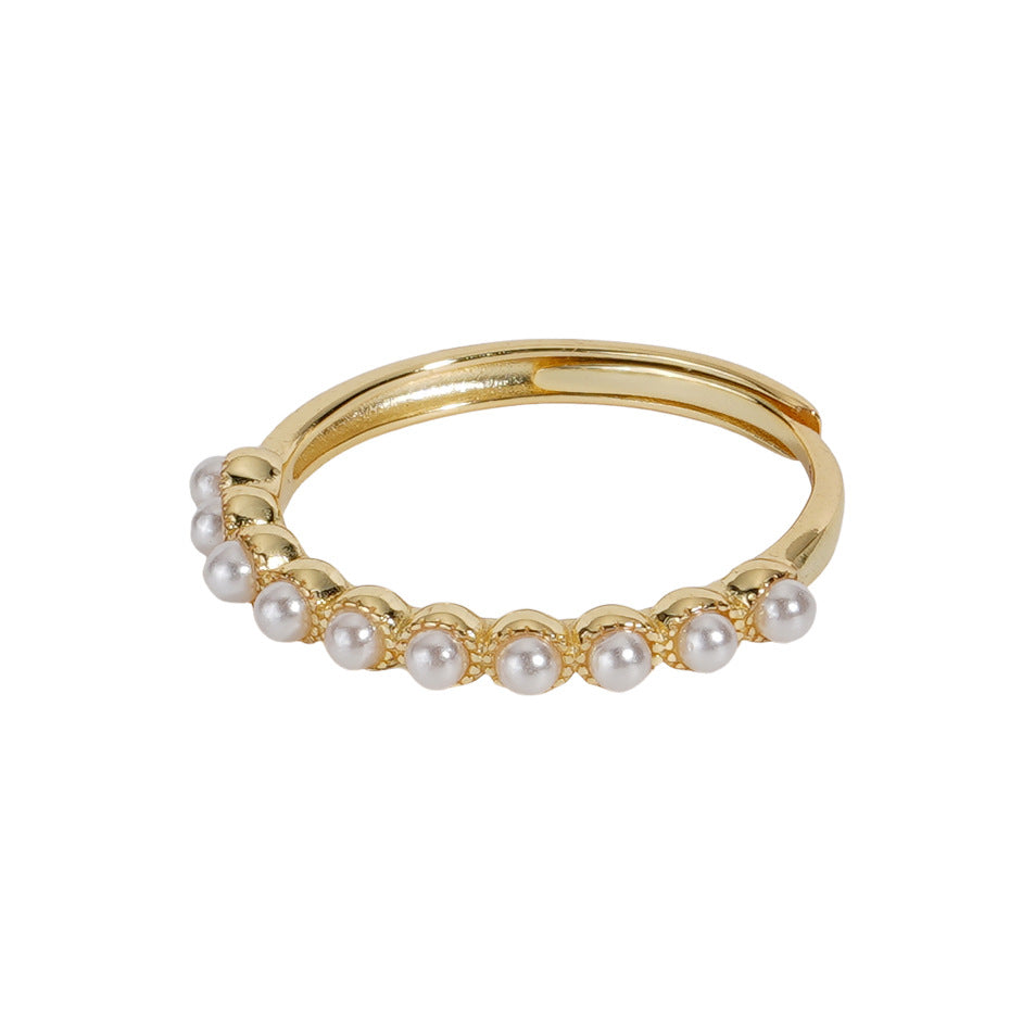 925 sterling silver imitation pearl opening ring - golden