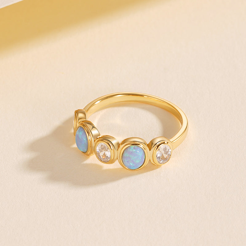 925 Sterling Silver Cabochon Opal and Zircon Ring