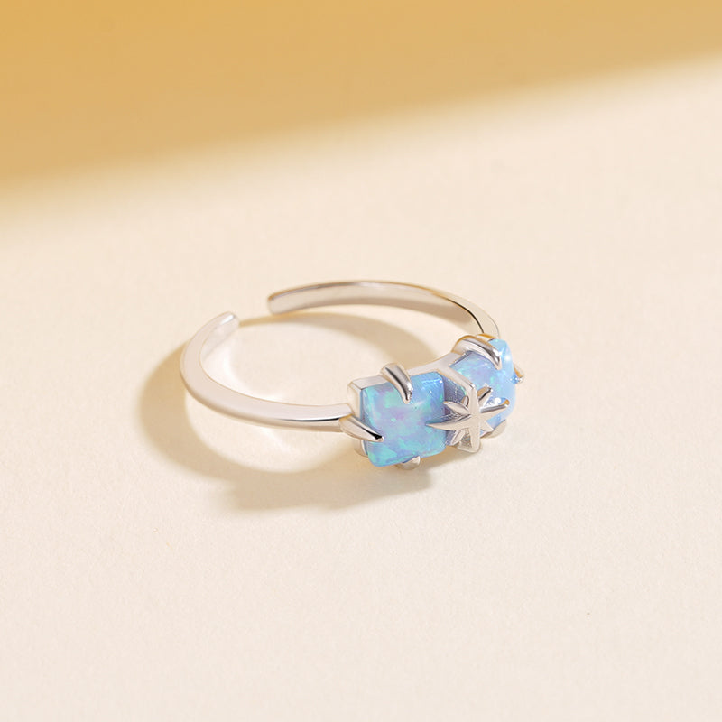 925 Sterling Silver Rectangular Opal Star Open Ring