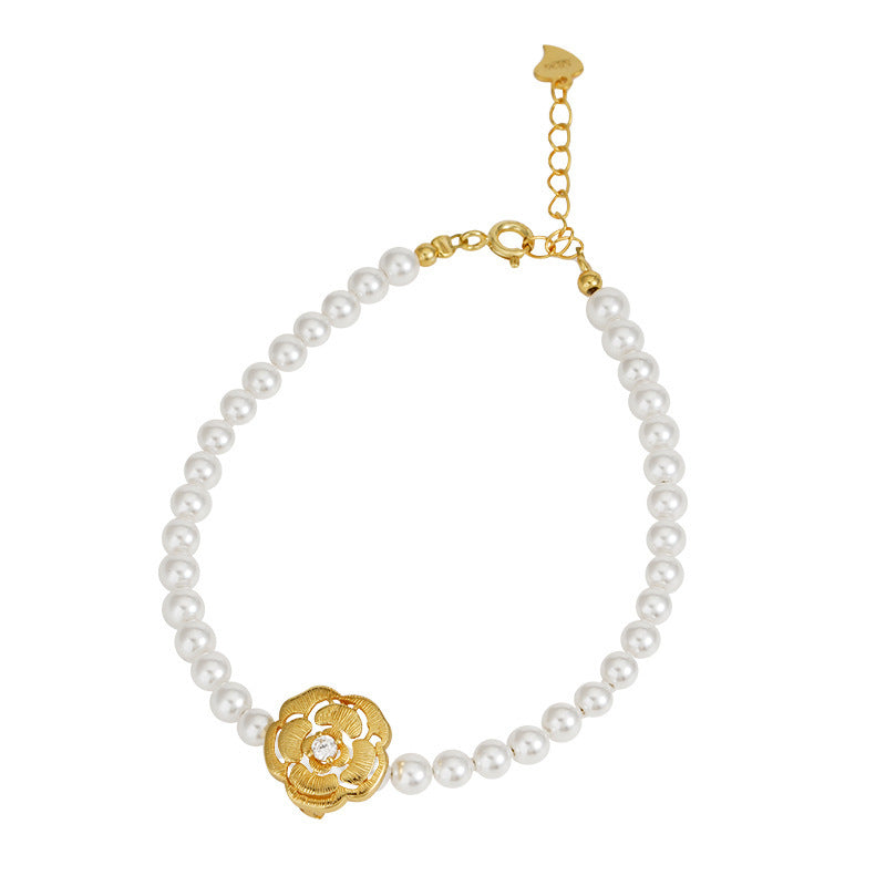 S925 Pure Silver Camellia Imitation Pearl Bead Necklace - Golden