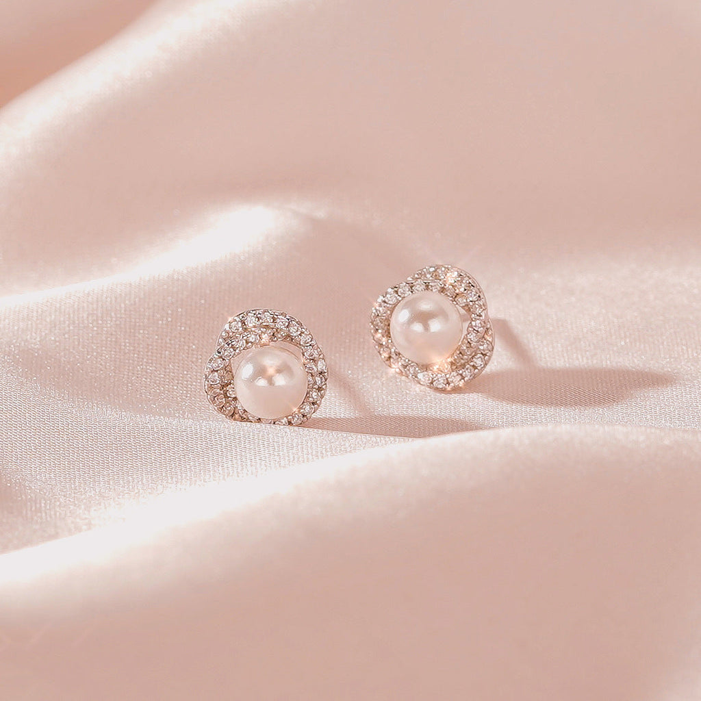 S925 pure silver pearl inlaid with sparkling zirconium earrings