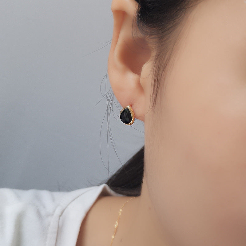 S925 Sterling Silver Micro-set Black Agate Stud Earrings