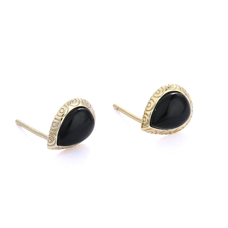 S925 Sterling Silver Micro-set Black Agate Stud Earrings