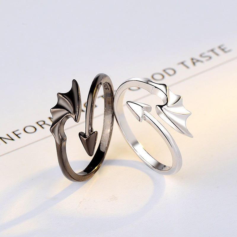 S925 Sterling Silver Halloween Angel & Devil Wing Open-Band Couple Rings
