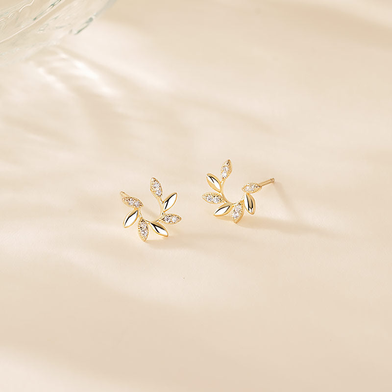 Leaf Stud Earrings with Zirconia Inlay – image 5