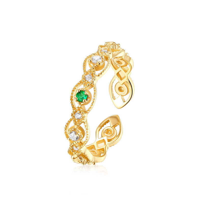 S925 Sterling Silver Gold-Plated Hollow Emerald White Zircon Ring