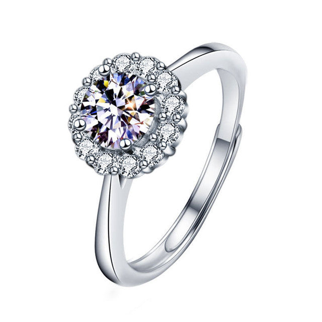 925 Sterling Silver Moissanite Sunflower Four-Prong Open Ring