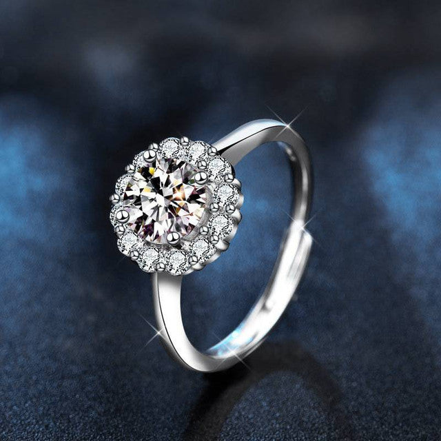 925 Sterling Silver Moissanite Sunflower Four-Prong Open Ring