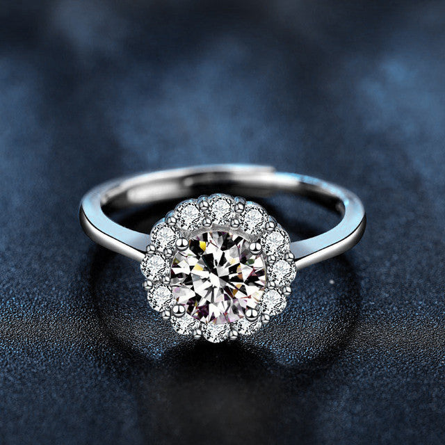 925 Sterling Silver Moissanite Sunflower Four-Prong Open Ring