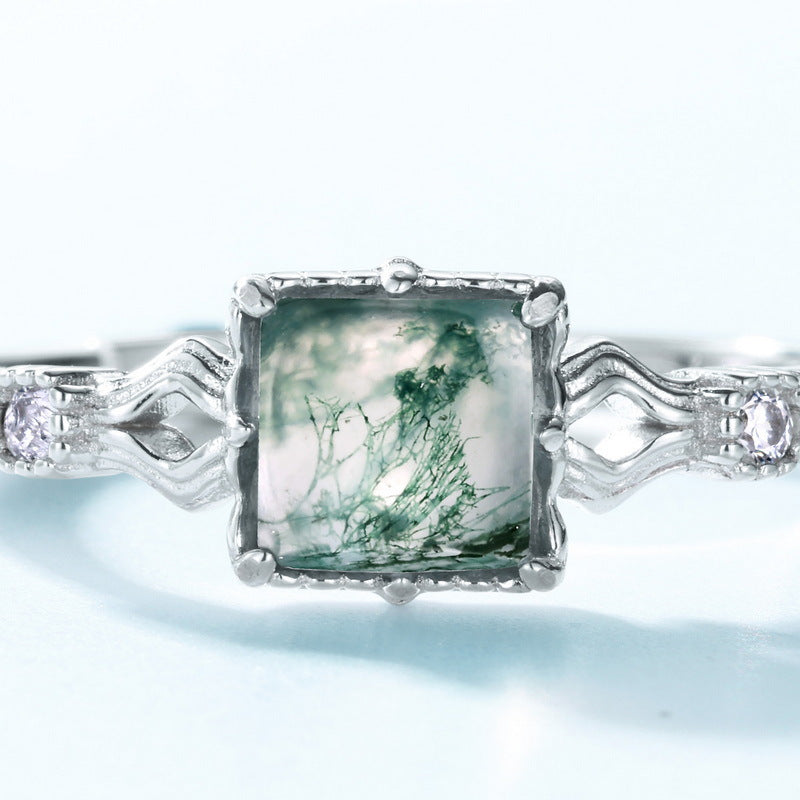 S925 Sterling Silver Sugar Cube Green Moss Ring