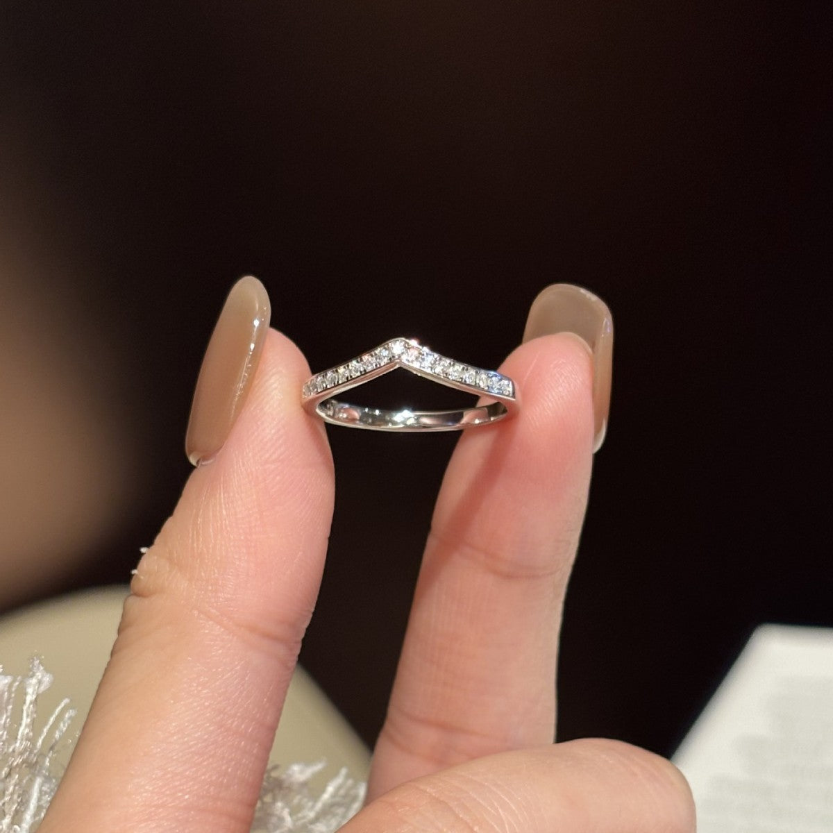 S925 Sterling Silver V-Shaped Moissanite Ring with Pavé Stones
