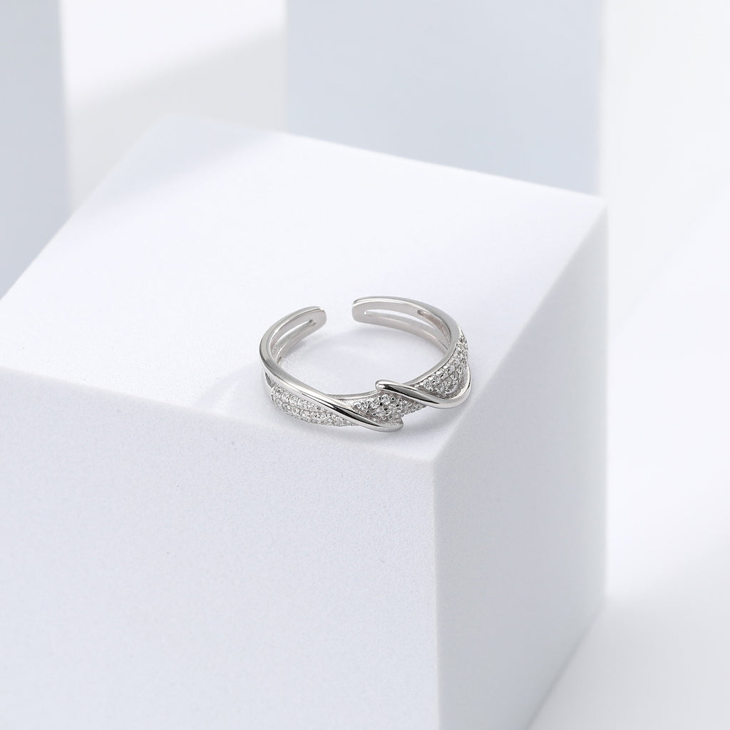 Minimalist style zircon-set open-style index finger ring, S925 sterling silver, intertwined design, understated luxury