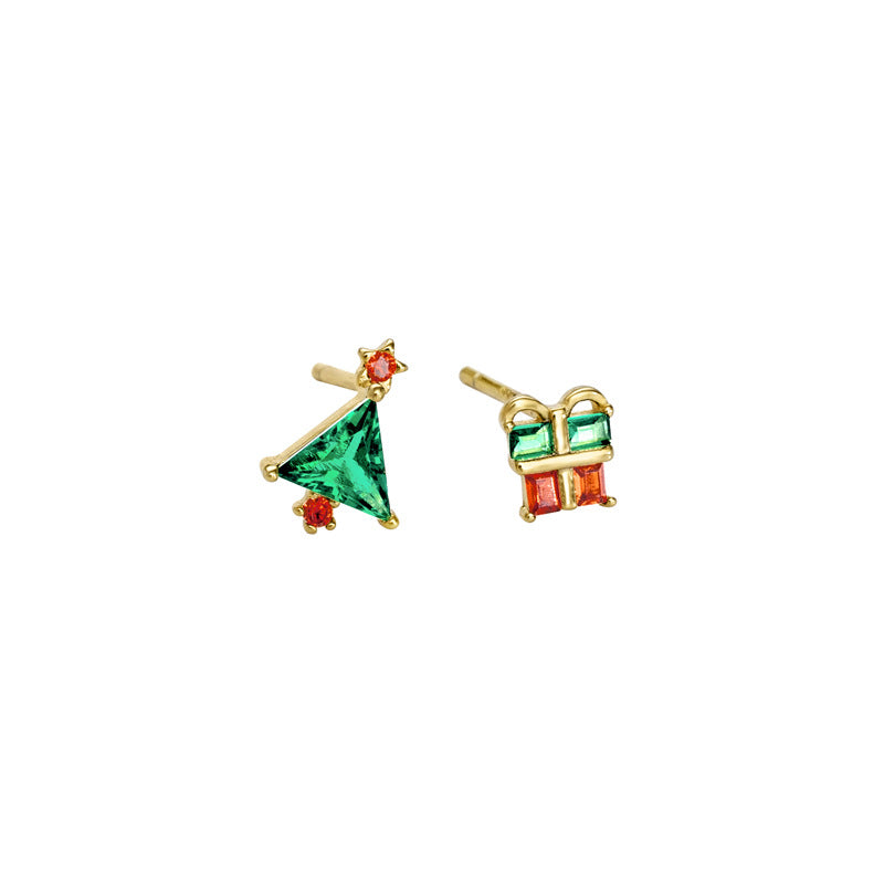 S925 Sterling Silver Asymmetrical Christmas Tree and Gift Earrings