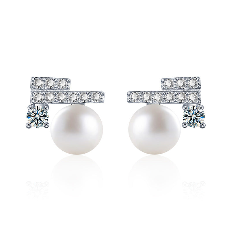Natural Freshwater Pearl Stud Earrings, Set in 925 Sterling Silver with Moissanite Accents