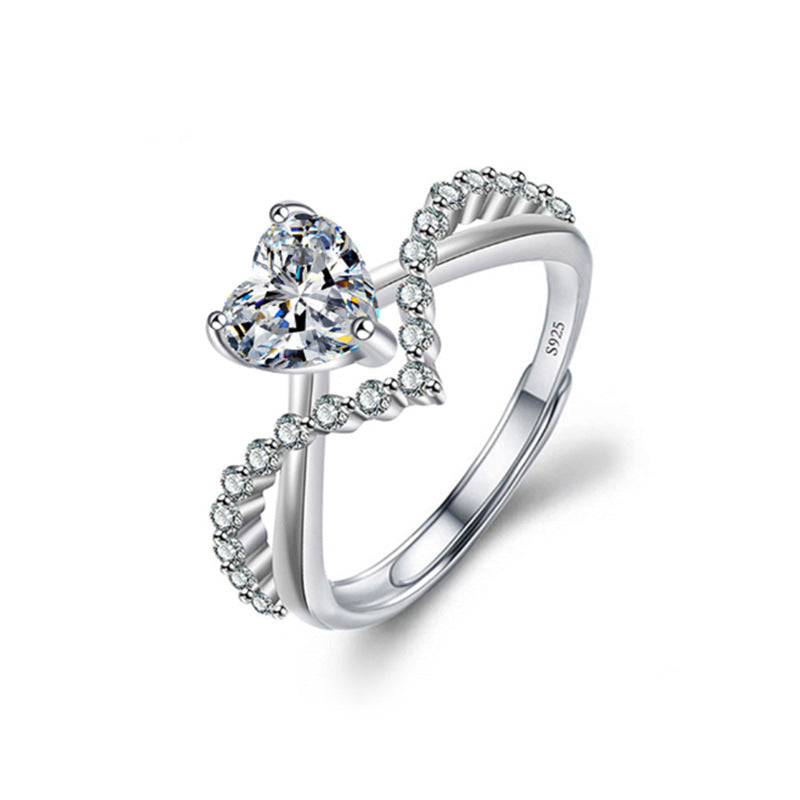 S925 Sterling Silver Heart Moissanite Diamond Accent Surround Ring