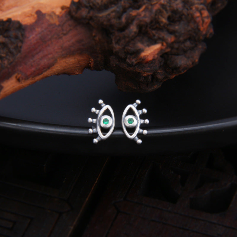 S925 Sterling Silver Halloween Green Demon Eye Stud Earrings with Eyelashes
