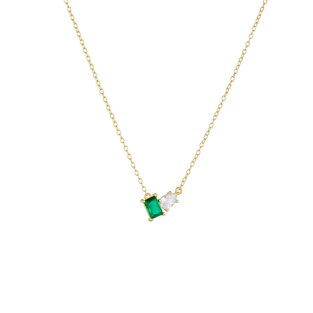 S925 Sterling Silver Inlaid Emerald Rectangular Water Drop Zircon Necklace