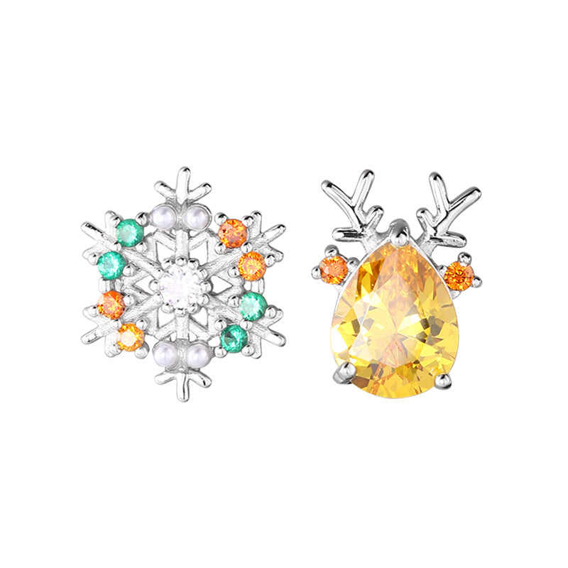 S925 Sterling Silver Christmas Snowflake and Reindeer Stud Earrings