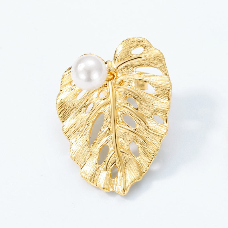 S925 Sterling Silver Gold-Plated Leaf and Pearl Earrings