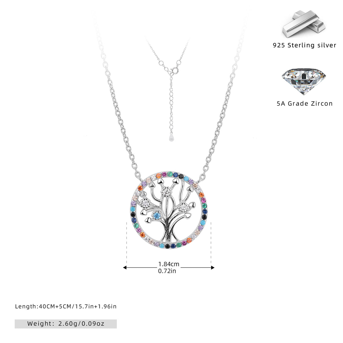 S925 Sterling Silver Colored Zircon Tree of Life Necklace