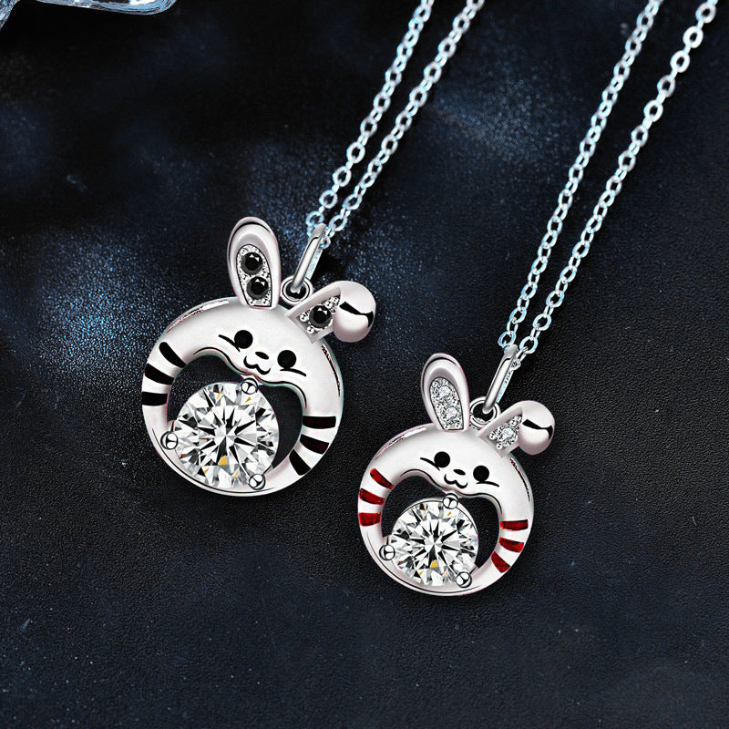 S925 Sterling Silver Moissanite Chinese Zodiac Sign of Rabbit Couple Pendant Necklace