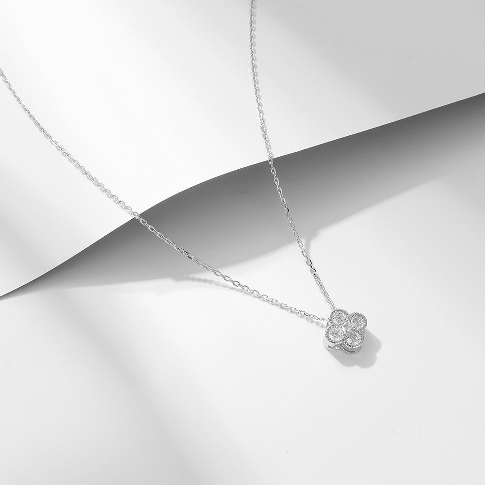 S925 Sterling Silver Zircon Inlaid Four Leaf Clover Necklace