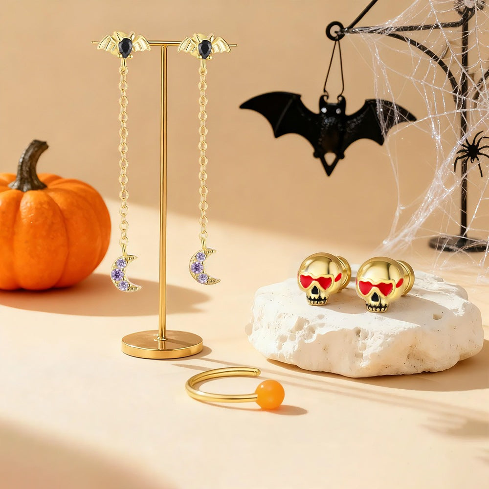 S925 Silver Halloween Bat Tassel Stud Earrings(Single unit)