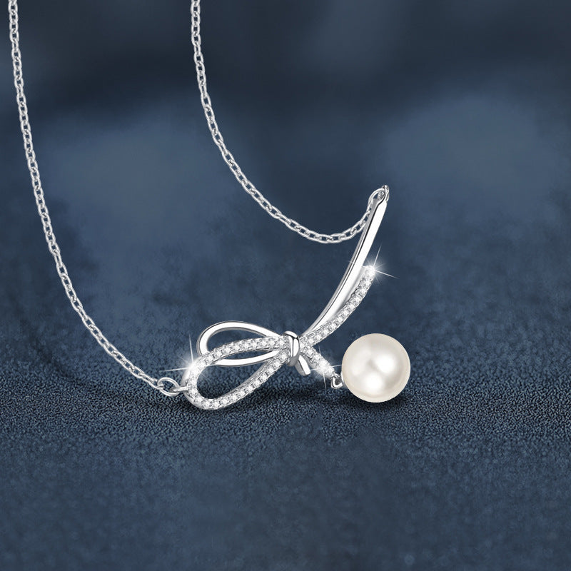 S925 Sterling Silver Moissanite Bow Pearl Pendant Necklace