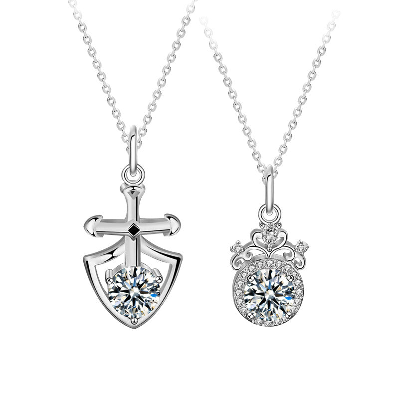 S925 Sterling Silver Moissanite Princess and Knight Pair of Personality Shield Crown Clavicle Pendant Couple Necklace