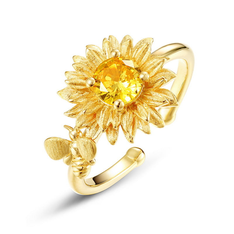 S925 Sterling Silver Plated with Golden Crystal Flower Ring