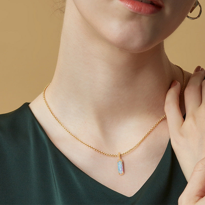 S925 Sterling Silver Gold-Plated Cylindrical Opal and Green Moss Pendant Necklace