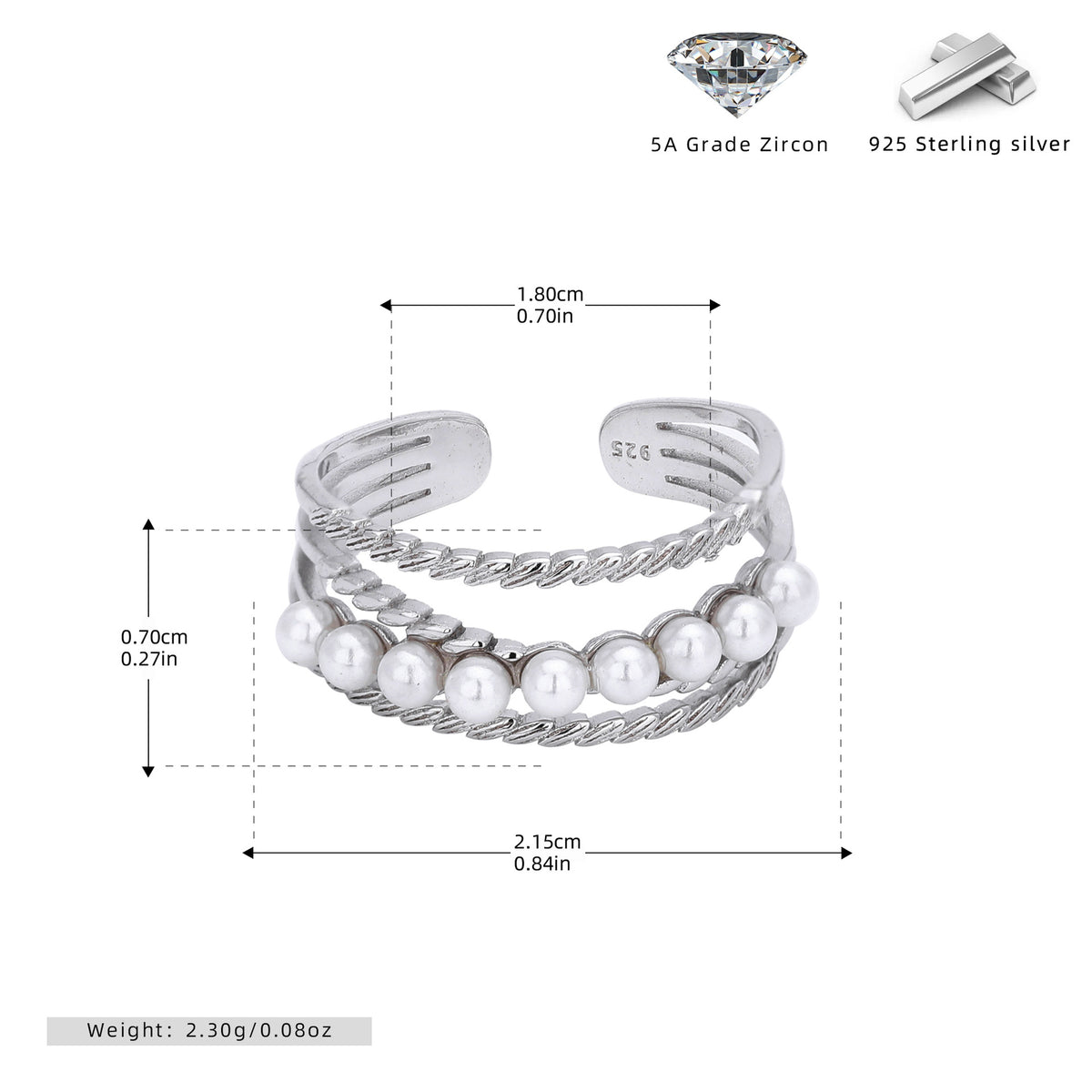 S925 Sterling Silver Elegant and Stylish Open Ring with Pearl Inlay