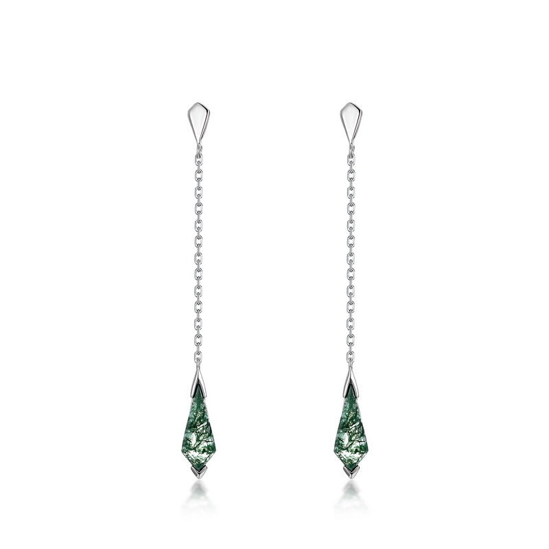 S925 Sterling Silver Geometric Green Moss Long Stud Earrings