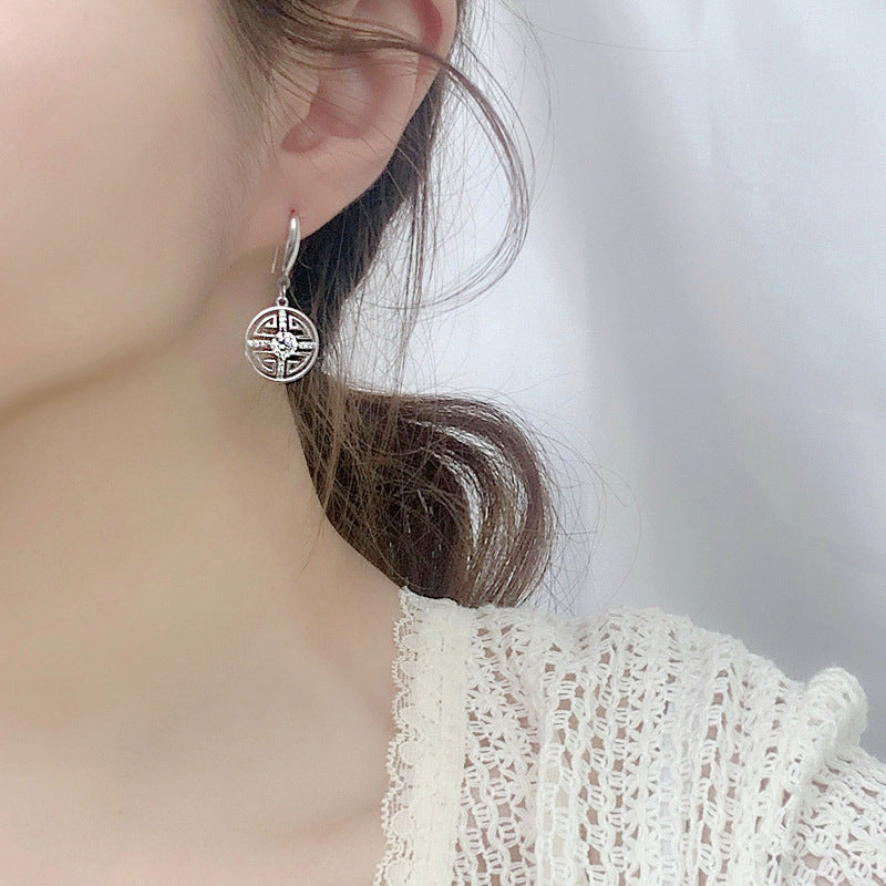 925 sterling silver new Chinese retro coin Mosang stone ear hook