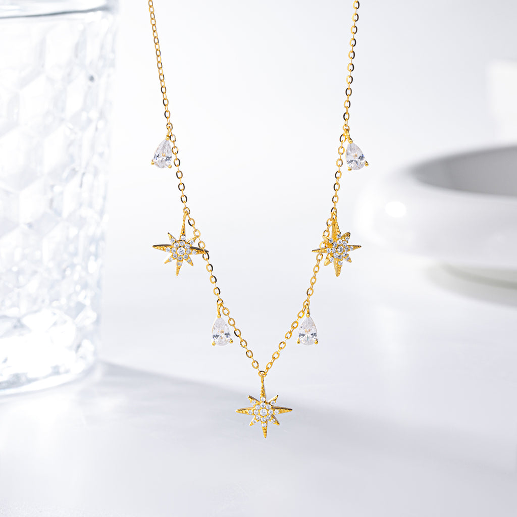 CZ Starburst Pear Drop Necklace in 925 Sterling Silver