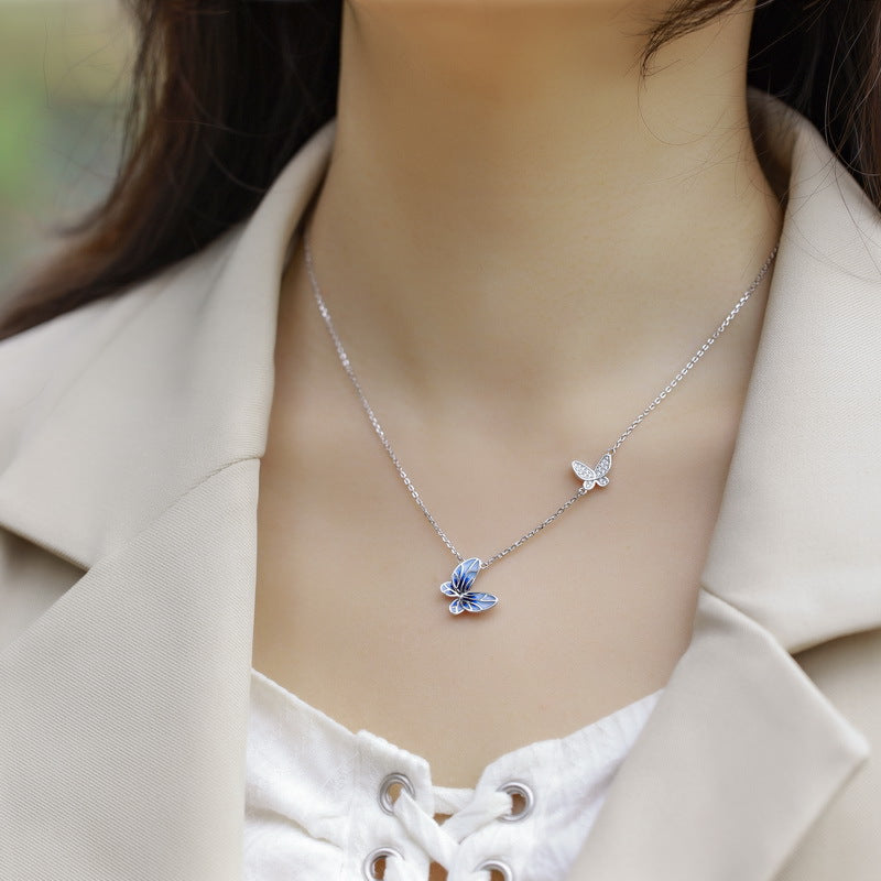 S925 Sterling Silver Blue Openwork Enamel Butterfly Pendant Zircon Necklace