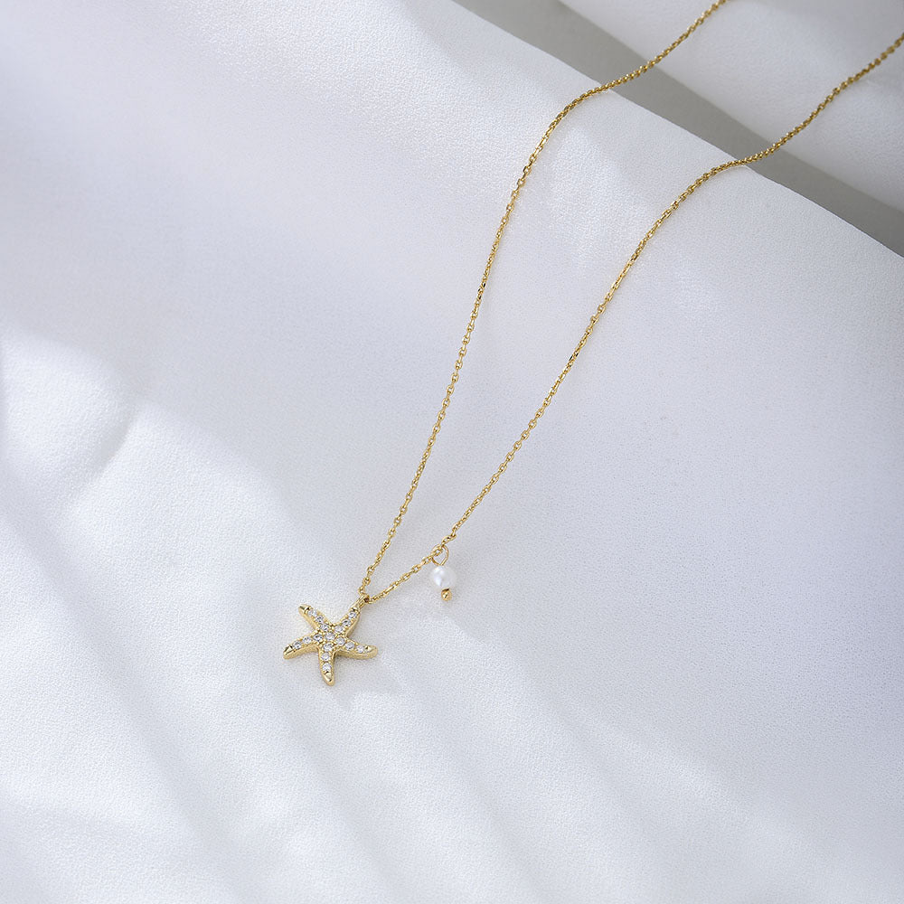 S925 Sterling Silver Zircon Inlaid Starfish Five-Pointed Star Pearl Necklace