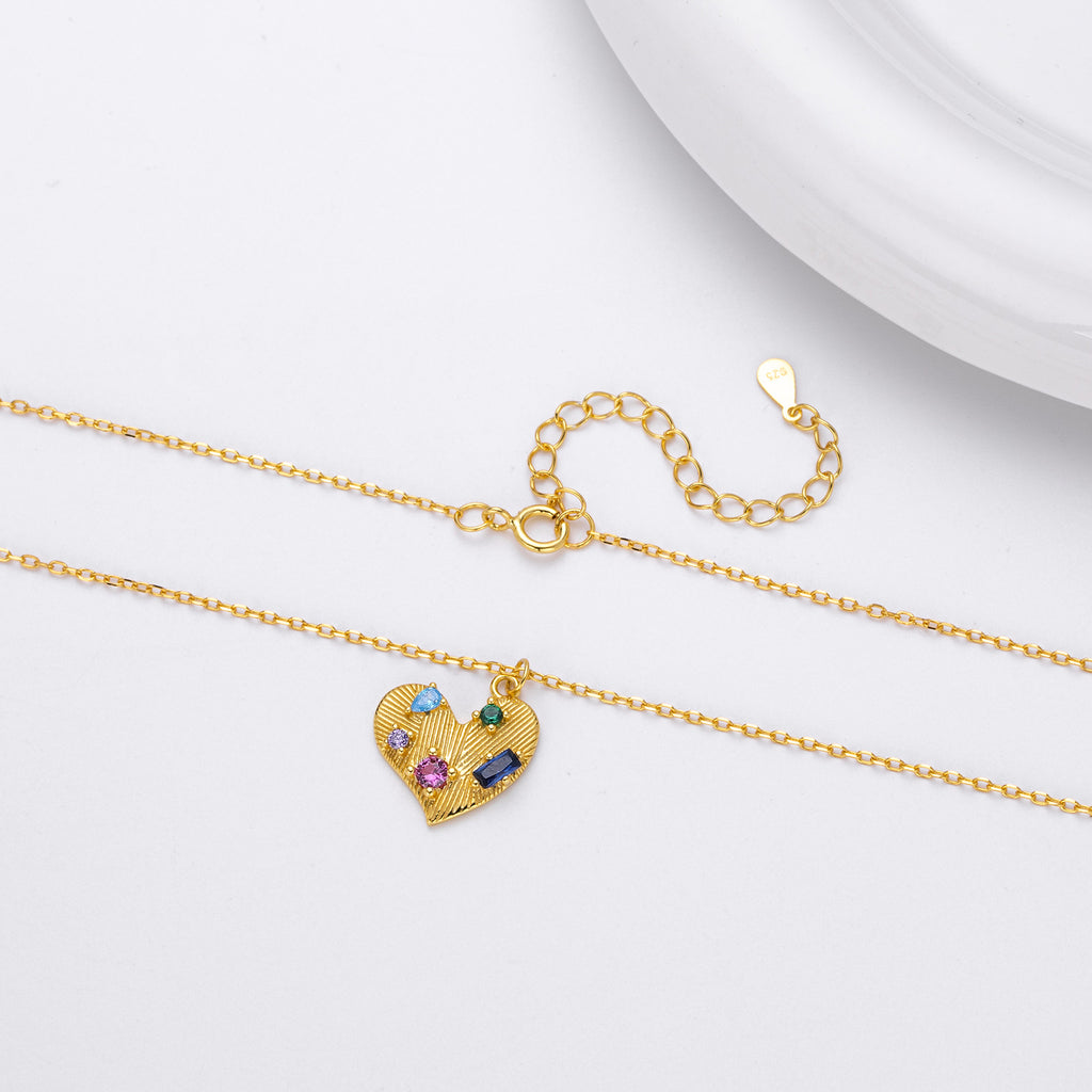 S925 Sterling Silver Heart Necklace Inlaid with Colored Zirconium