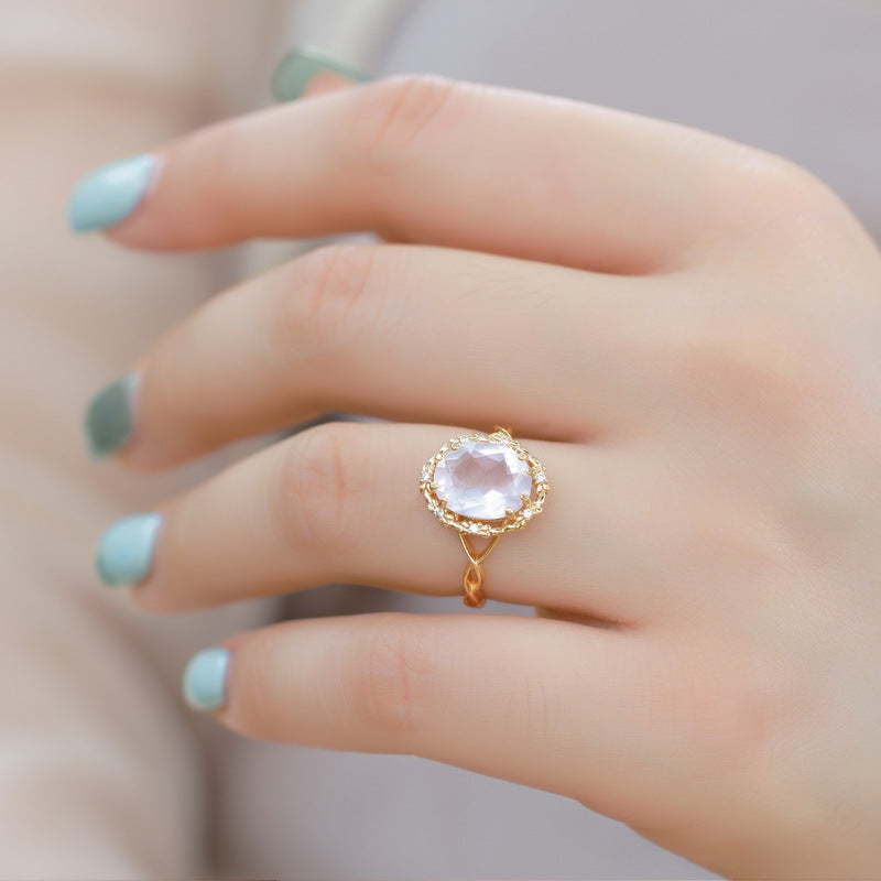 S925 Sterling Silver Gold-Plated Natural Rose Crystal Carved Ring