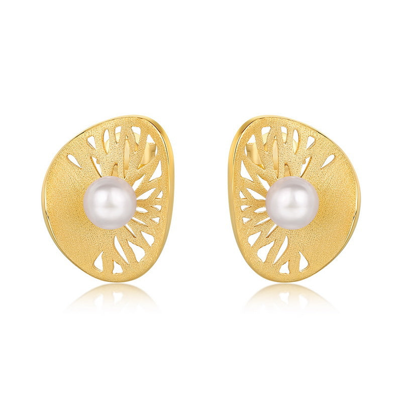 S925 Sterling Silver Gold-Plated Openwork Pattern Pearl Earrings