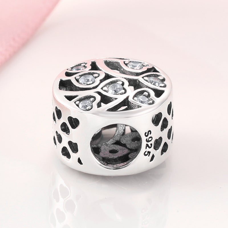 S925 Sterling Silver Hollow Heart Zircon Inlaid Bead Pendant